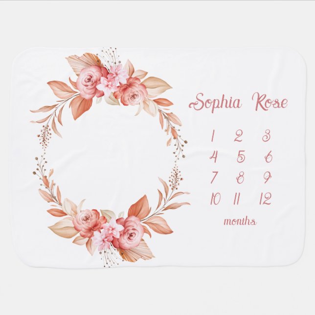 Boho Floral Custom Baby Girl Milestone Blanket (Horizontal)
