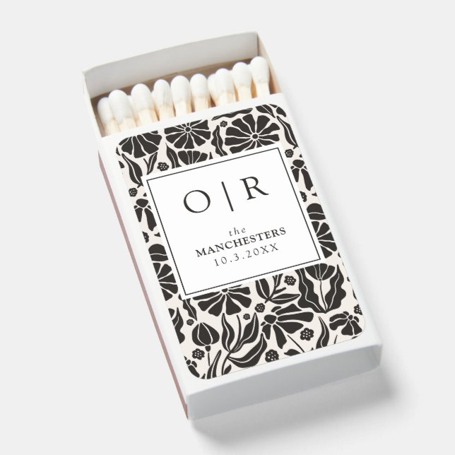 Boho Floral Custom Black Wedding Favors Matchboxes (Front Open)
