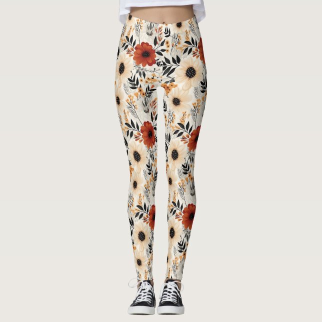 Boho Floral Cute Black Orange Blue Cream Leggings (Front)
