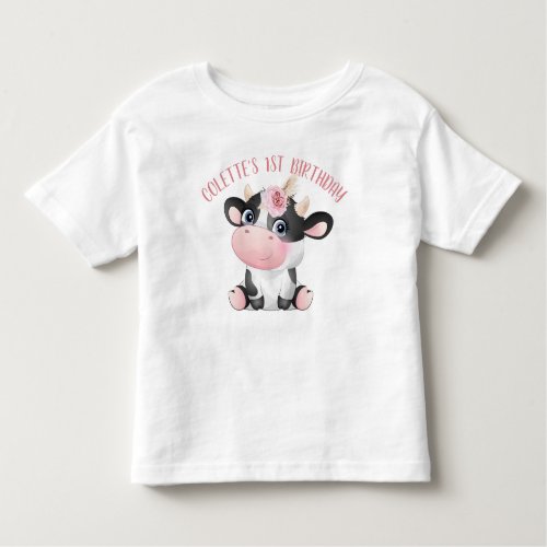 Boho Floral Cute Cow First Birthday Baby T_Shirt