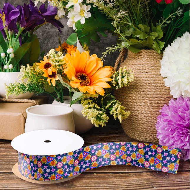 Boho Floral Cute Girly Flowers & Swirls Pattern Satin Ribbon (Creator Uploaded)