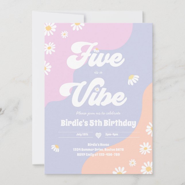 Boho Floral Daisy 5th Birthday Five Is A Vibe Invitation (Front)