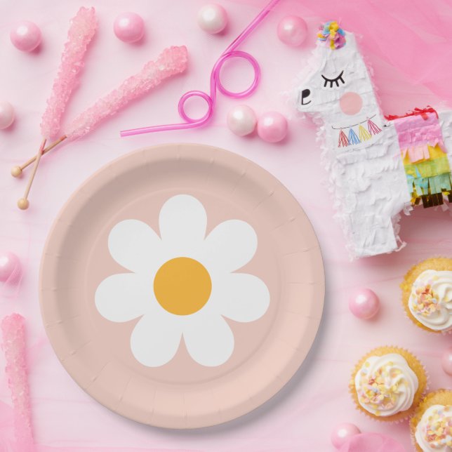 Boho Floral Daisy Groovy Birthday Party Decor Paper Plates (Party)