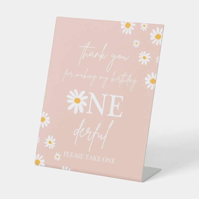 Boho Floral Daisy Groovy Birthday Party Favor Pedestal Sign (Front)