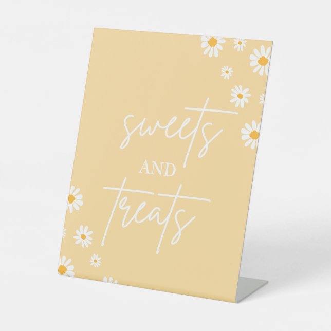 Boho Floral Daisy Groovy Birthday Sweets & Treats Pedestal Sign (Front)
