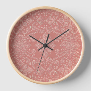 Boho Floral Damask Line Art, Terracotta Clay Clock