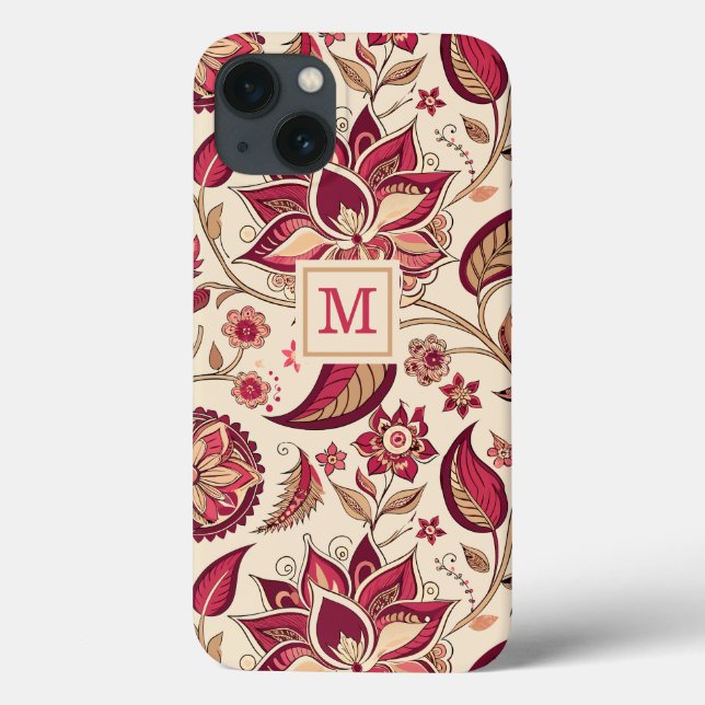 Boho Floral Deep Berry Pink on Cream Monogram Case-Mate iPhone Case (Back)