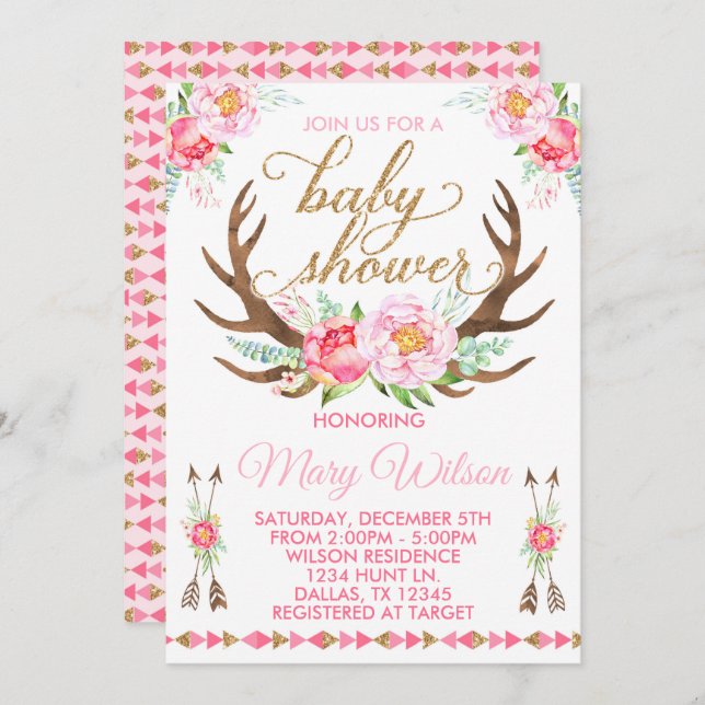 Boho Floral Deer Antler Baby Shower Invitation (Front/Back)