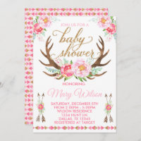 Boho Floral Deer Antler Baby Shower Invitation