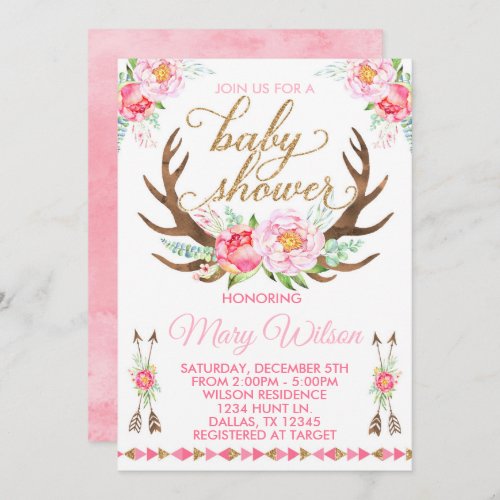 Boho Floral Deer Antler Baby Shower Invitation