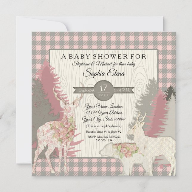 BOHO Floral Deer Bear Woodland Forest Plaid Girl Invitation (Front)
