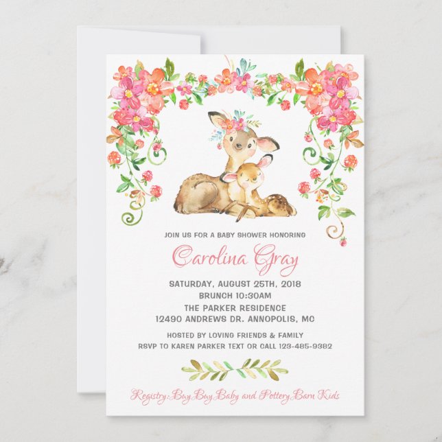 Boho Floral Deer Invitation Pink Baby Shower (Front)