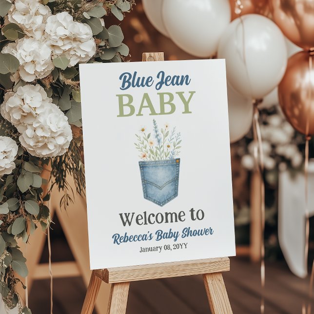 Boho Floral Denim Blue Jean Baby Shower Welcome Foam Board (Creator Uploaded)
