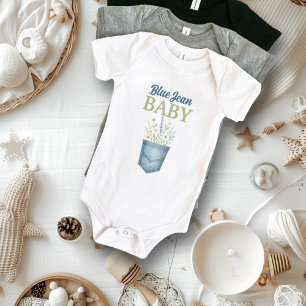 Boho Floral Denim Pocket Blue Jean Baby Shower Bodysuit