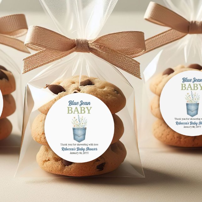 Boho Floral Denim Pocket Blue Jean Baby Shower Classic Round Sticker (Creator Uploaded)