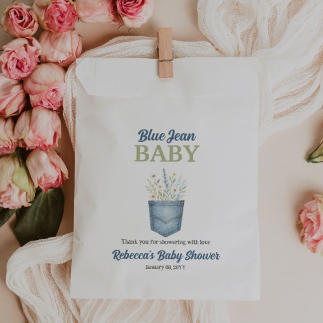 Boho Floral Denim Pocket Blue Jean Baby Shower Favor Bag (Creator Uploaded)