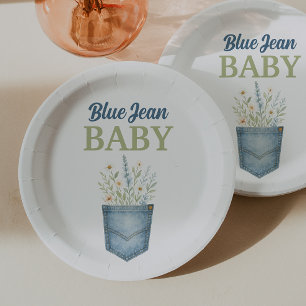 Boho Floral Denim Pocket Blue Jean Baby Shower Paper Plates