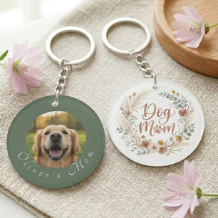 Boho Floral Dog Mom Photo Frame Keychain