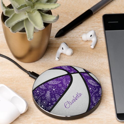 boho floral doodle purple girly sports basketball wireless charger 