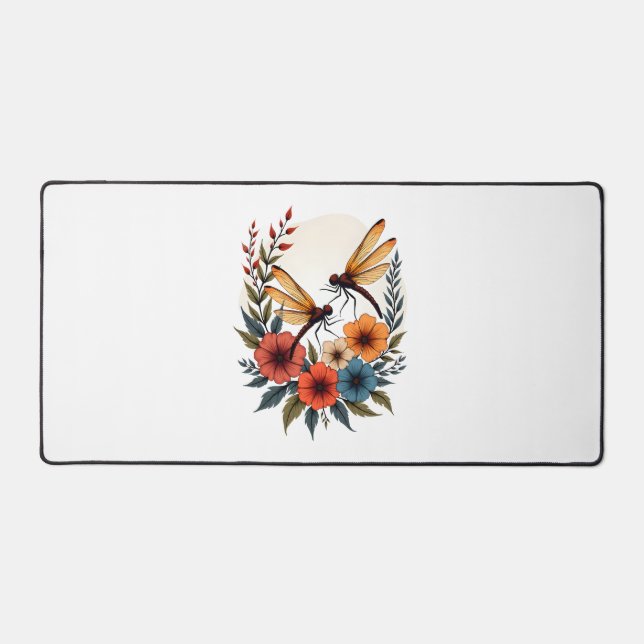 Boho Floral Dragonfly Desk Mat (Front)