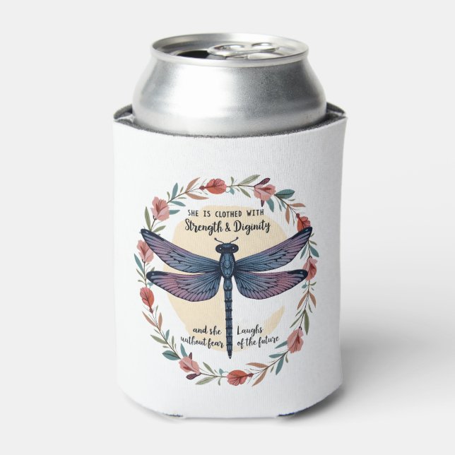 Boho Floral Dragonfly She Is Clothed With Strength Can Cooler (Can Front)