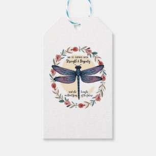 Boho Floral Dragonfly She Is Clothed With Strength Gift Tags