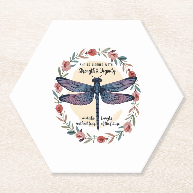 Boho Floral Dragonfly She Is Clothed With Strength Paper Coaster (Front)