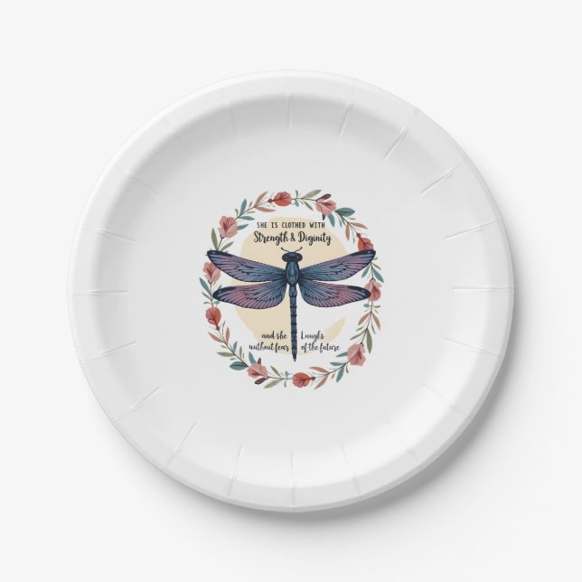 Boho Floral Dragonfly She Is Clothed With Strength Paper Plates (Front)