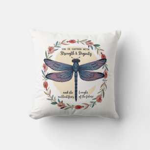 Boho Floral Dragonfly She Is Clothed With Strength Throw Pillow