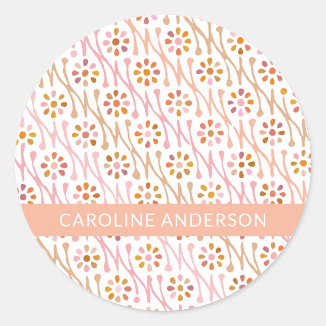 Boho Floral Drawing Blush and Taupe Personalized  Classic Round Sticker (Front)