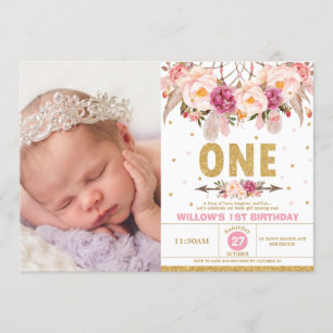 Boho Floral Dream Catcher 1st Birthday Girl Photo Invitation