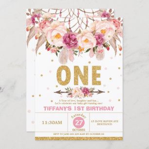 Boho Floral Dream Catcher 1st Birthday Tribal Girl Invitation