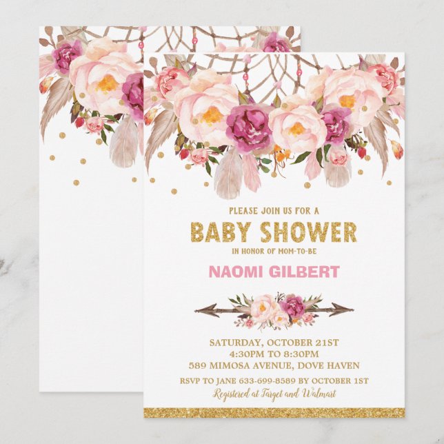 Boho Floral Dream Catcher Baby Shower Girl Invitation (Front/Back)