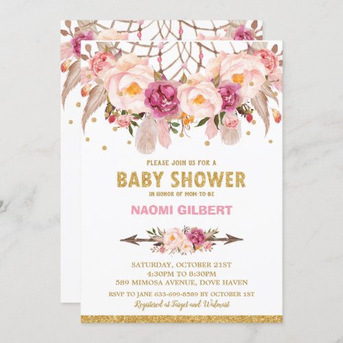 Boho Floral Dream Catcher Baby Shower Girl Invitation