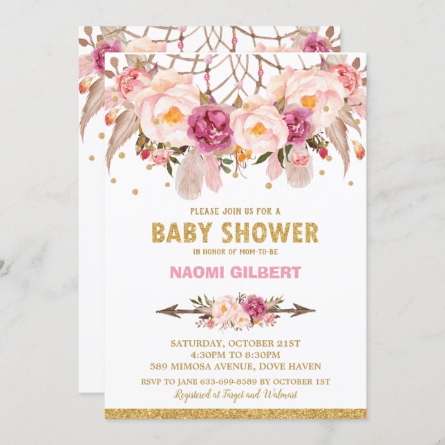 Boho Floral Dream Catcher Baby Shower Girl Invitation (Front/Back)