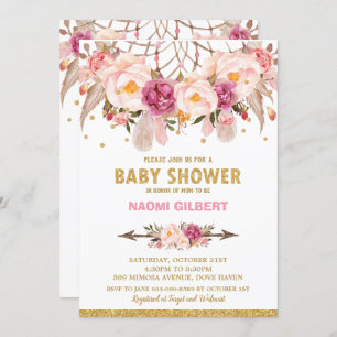 Boho Floral Dream Catcher Baby Shower Girl Invitation