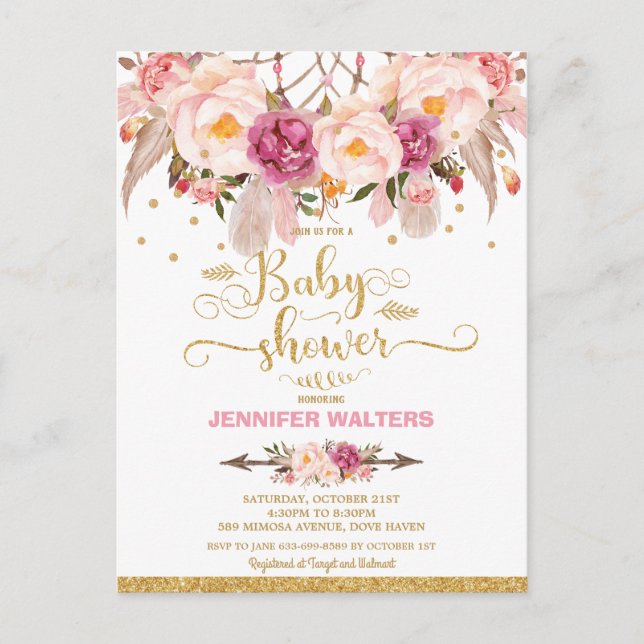 Boho Floral Dream Catcher Baby Shower Invitation Postcard (Front)