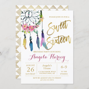 Boho Floral Dream Catcher Gold Sweet 16 Birthday Invitation