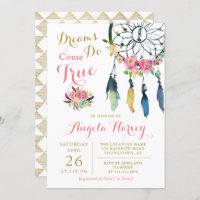 Boho Floral Dream Catcher Pink & Gold Baby Shower Invitation