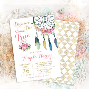 Boho Floral Dream Catcher Pink & Gold Baby Shower Invitation