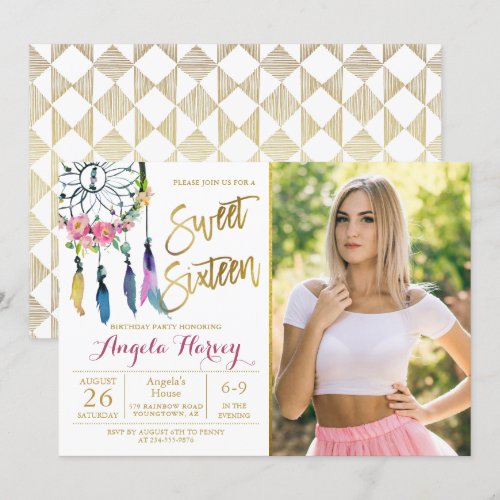 Boho Floral Dream Catcher Sweet 16 Birthday Photo Invitation