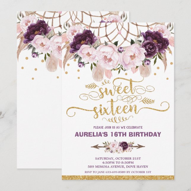 Boho Floral Dream Catcher Sweet 16th Birthday Invitation (Front/Back)