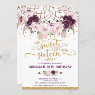 Boho Floral Dream Catcher Sweet 16th Birthday Invitation