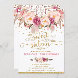 Boho Floral Dream Catcher Sweet 16th Birthday Invitation