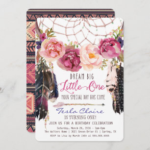Boho Floral Dreamcatcher 1st Birthday Invitation