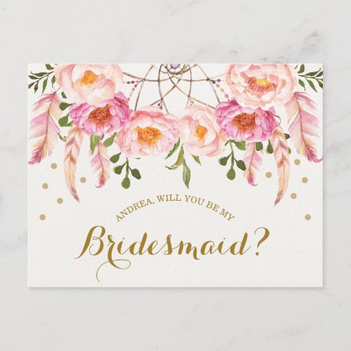 Boho Floral Dreamcatcher Be My Bridesmaid Card