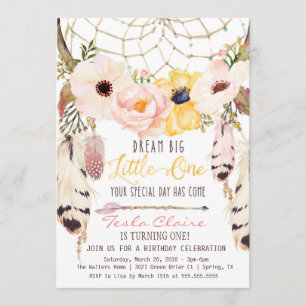 Boho Floral Dreamcatcher Tribal First Birthday Invitation