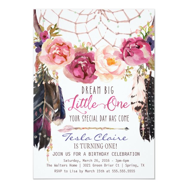 Boho Floral Dreamcatcher Watercolor First Birthday Invitation