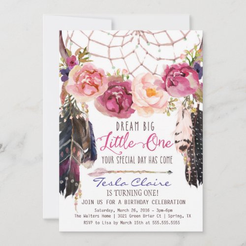 Boho Floral Dreamcatcher Watercolor First Birthday Invitation