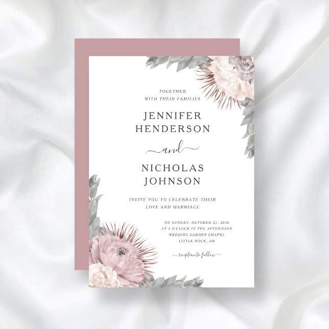 Boho Floral Dried Flowers Dusty Rose Wedding   Invitation (Creator Uploaded)
